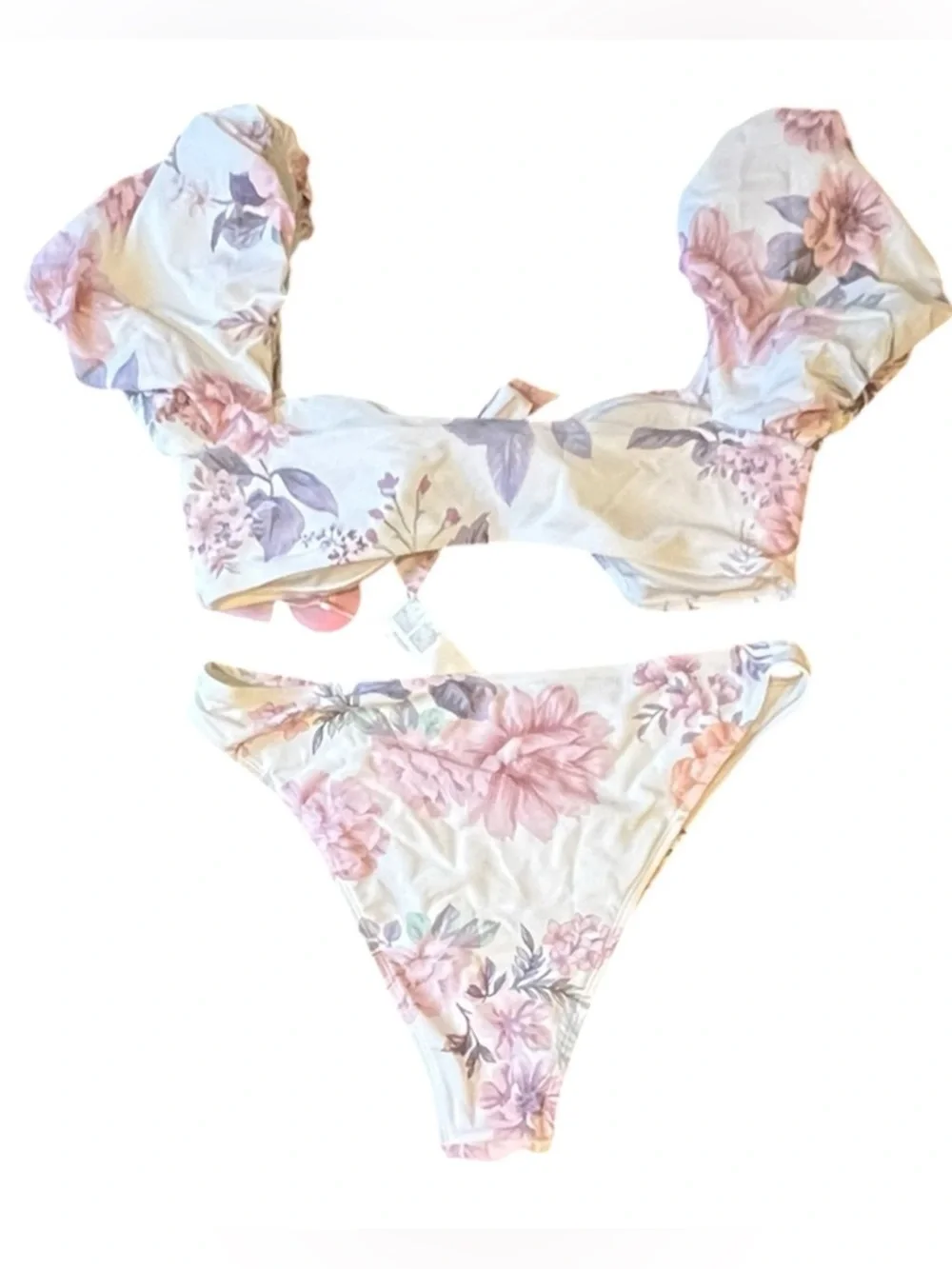 Cupshe XL Eden Floral Puff Sleeve Extra Cheeky High Waist Bikini Set NWT Swim